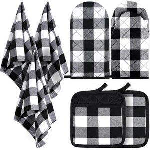 7 Pieces Buffalo Check Dish Towels Pot Holders Oven Mitts Set Cotton Plaid Towel